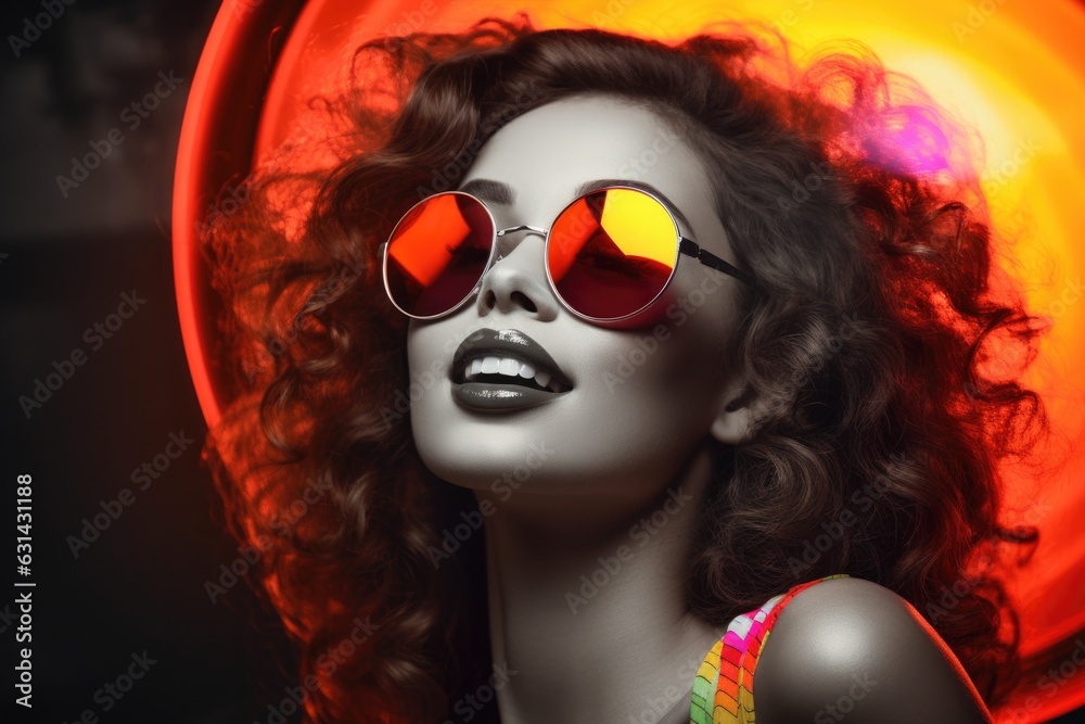 Portrait of a young caucasian beautiful party girl in fashionable glasses, on a bright background in the studio, pop art and club life style, looking aside for the copy space