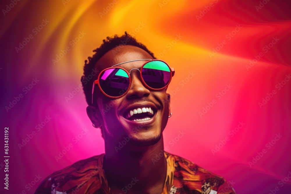 Portrait of a young smiling African American guy in fashionable glasses, on a bright background in the studio, pop art and club life style, looks emotionally at the camera