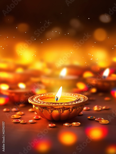 Happy Diwali Indian Deepavali Hindu festival of lights holiday greeting card template. Generative AI.