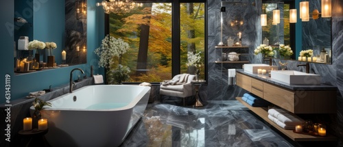 A luxurious bathroom with marble accents and sleek modern design. The room features a freestanding bathtub and a glass-enclosed shower. The walls are painted blue color, with metallic