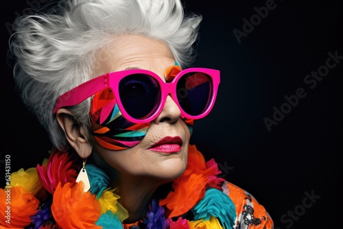 Portrait of a mature smiling woman who looks young, with gray hair on a colored background, similar to modern models for the style of music, parties and stylish fashion shows, wearing on sunglasses 