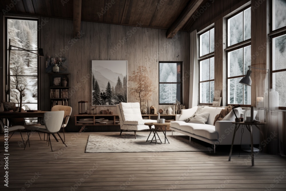 eco new cozy apartment designed in scandinavian style. The interior uses handmade elements, fashionable colors, white color prevails, trendy textiles, large windows and a cozy atmosphere. Winter mood
