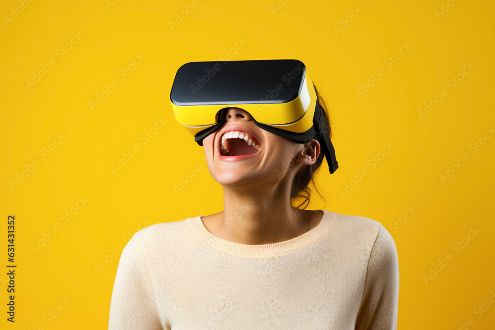 Portrait of excited woman using Virtual Reality headset on solid color background - Modern woman enjoying experiencing metaverse virtual or augmented reality - Generative AI. Portrait of excited woman using Virtual Reality headset on solid color background - Modern woman enjoying experiencing metaverse virtual or augmented reality - Generative AI.