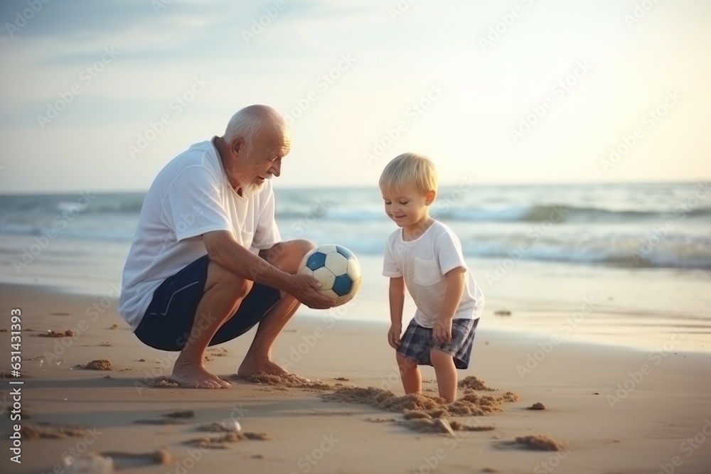 Boy grandfather beach. Generate Ai Boy grandfather beach. Generate Ai