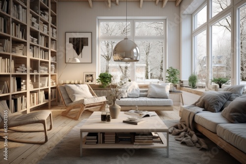 White new cozy apartment designed in scandinavian style. The interior uses handmade elements, fashionable colors, white color prevails, trendy textiles, large windows and a cozy atmosphere. © Hope