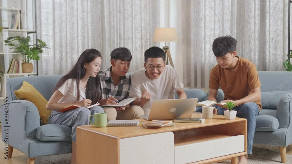 Asian Teen Group Studying At Home. Students With Books Looking At A Laptop, Celebrating Success In Project, Giving High Five Gesture
Asian Teen Group Studying At Home. Students With Books Looking At A Laptop, Celebrating Success In Project, Giving High Five Gesture