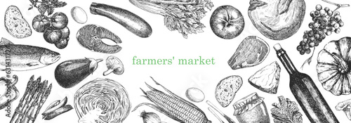 Farmers' Market. Hand-drawn illustration of Food. Ink. Vector