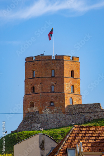 Tower of the Gediminas on a sunny day with blue sky. Photo taken from Pilies Street.