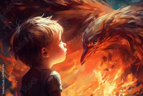 Child phoenix bird art. Generate Ai photo