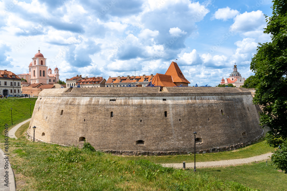Bastion of the city of Vilnius, photo of the walls and the keep. On a day with the sky full of clouds.