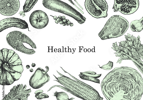 Healthy Food. Hand-drawn illustration of Food. Ink. Vector