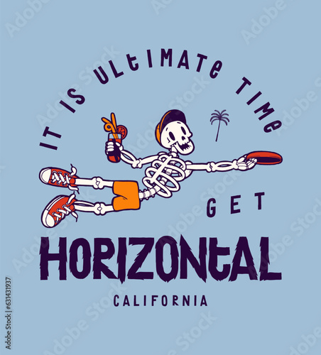 Skeleton ultimate. Skeleton with a cocktail jumping to catch a disc. Disc golf skeleton.