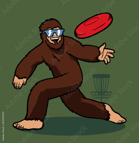 Bigfoot disc golf isolated. Sasquach throwing disc.