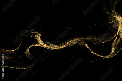 Golden wavy design element with glitter effect on black background, wave of gold glitters