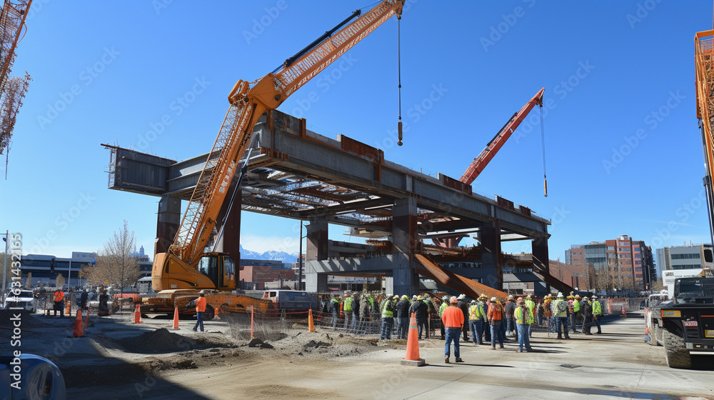 Massive Cranes Lifting Heavy Steel Beams at a Construction Site 