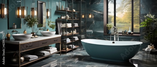 A luxurious bathroom with marble accents and sleek modern design. The room features a freestanding bathtub and a glass-enclosed shower. The walls are painted blue color, with metallic