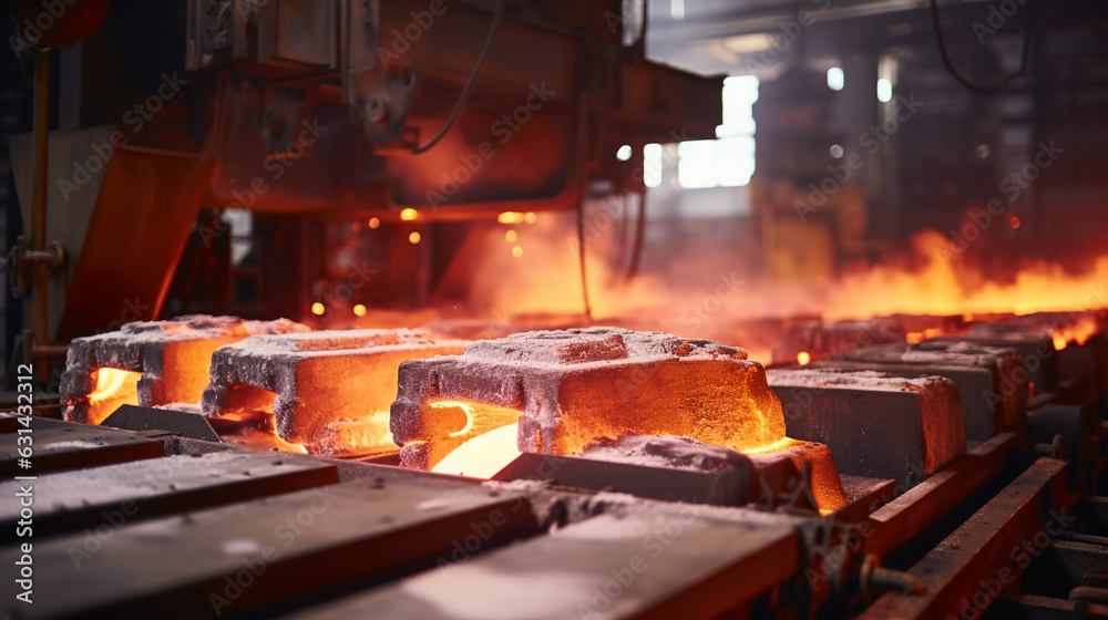 Industrial Forge Producing Red-Hot Steel Ingots 