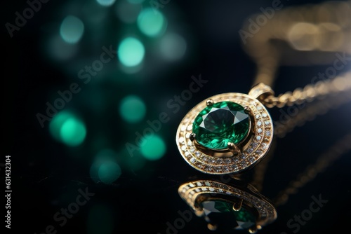 Emerald stone golden necklace. Generate Ai