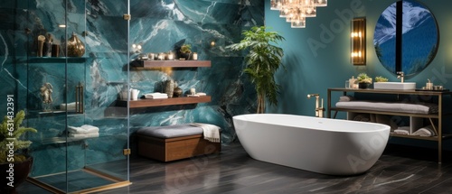 A luxurious bathroom with marble accents and sleek modern design. The room features a freestanding bathtub and a glass-enclosed shower. The walls are painted blue color  with metallic