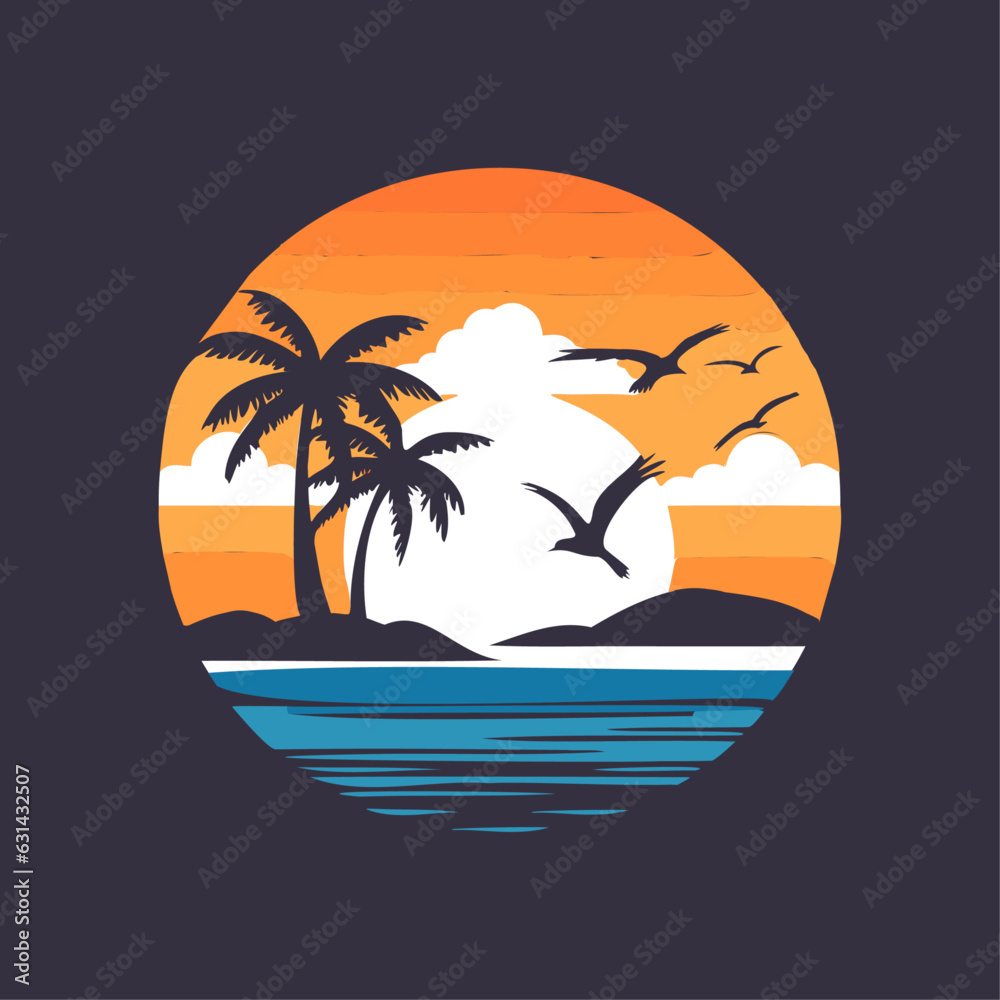 Tropical island with palm tree silhouette, vector illustration.