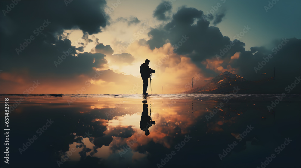 Silhouette of the photographer with camera in the reflection on the water of the beautiful sunset sky landscape background. Generative AI - obrazy, fototapety, plakaty 