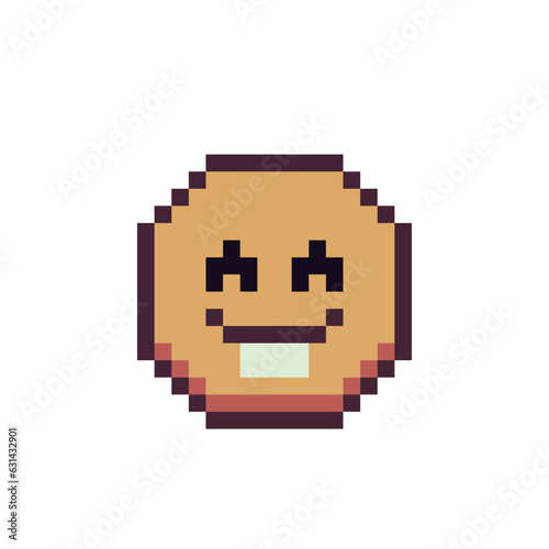 Smiling emoticon big white teeth, emoji, smiley. Pixel art style. Funny cartoon character. Web icon. Facial expression. 8-bit style. Isolated abstract vector illustration.