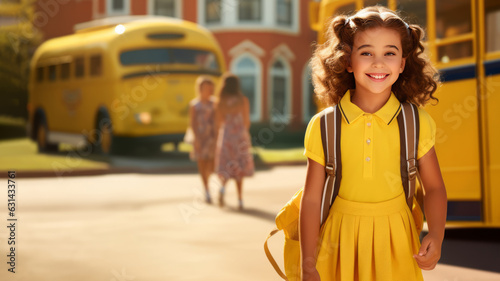 Photo back to school, Girl in a yellow school uniform on the background of a yellow school bus. Place for text.
