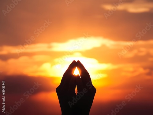 World Mental Health Day concept: Silhouette prayer hands in the sunset sky background, Generative AI