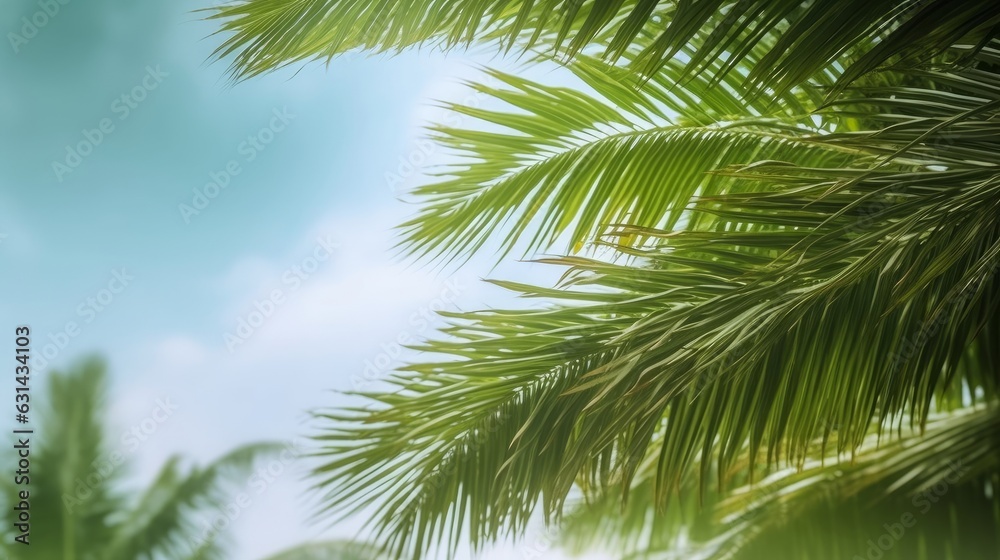 Palm Sunday concept: green palm tree leaves on natural sky, Generative AI