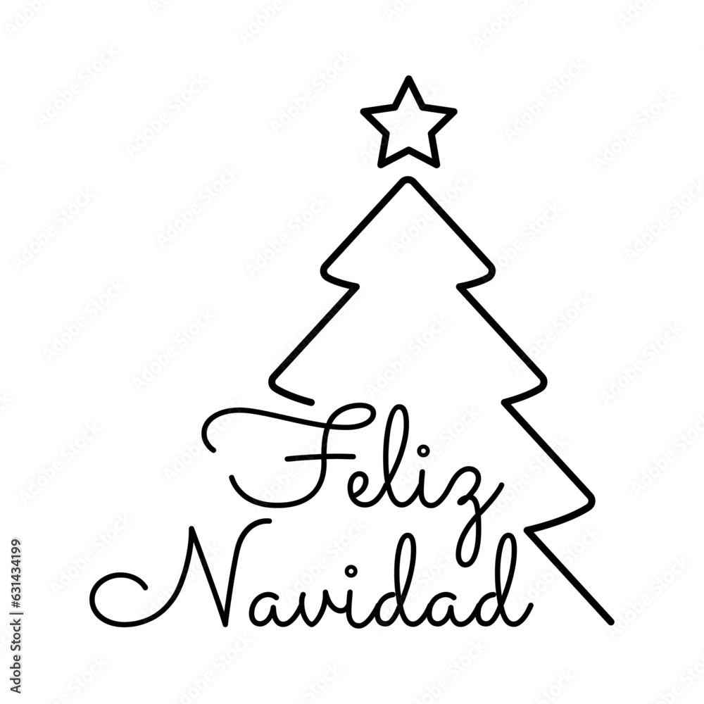 Tiempo de Navidad. Logo aislado con texto manuscrito Feliz Navidad en español con árbol de navidad lineal con estrella Tiempo de Navidad. Logo aislado con texto manuscrito Feliz Navidad en español con árbol de navidad lineal con estrella