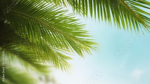 Palm Sunday concept: green palm tree leaves on natural sky, Generative AI © FrameFrenzy