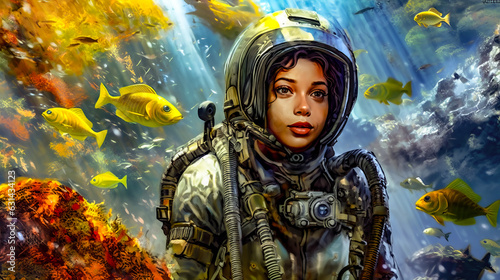 a woman in a diving suit standing in front of a fish tank