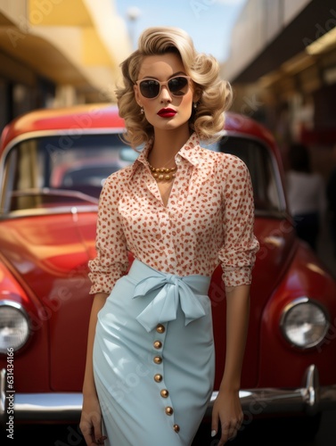 pin-up attractive women shot in a classic dotted dress posing in front of a retro car, 60s style, vintage