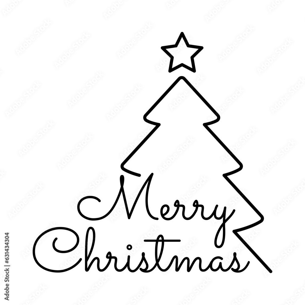 Tiempo de Navidad. Logo aislado con texto manuscrito Merry Christmas con árbol de navidad lineal con estrella Tiempo de Navidad. Logo aislado con texto manuscrito Merry Christmas con árbol de navidad lineal con estrella