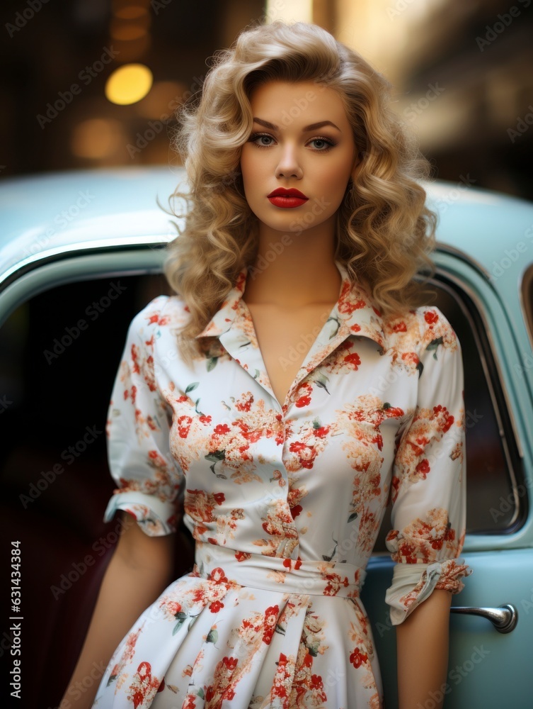 Φωτογραφία pin-up attractive women shot in a classic dotted dress posing in front of a retr