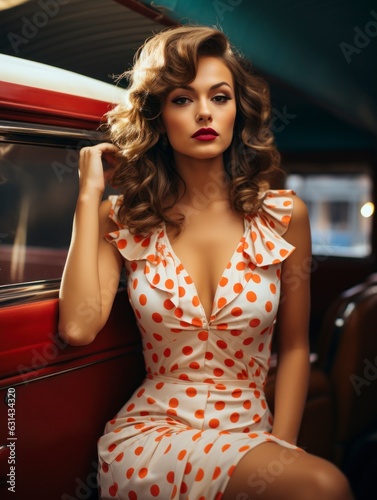 pin-up attractive women shot in a classic dotted dress posing in front of a retro car, 60s style, vintage