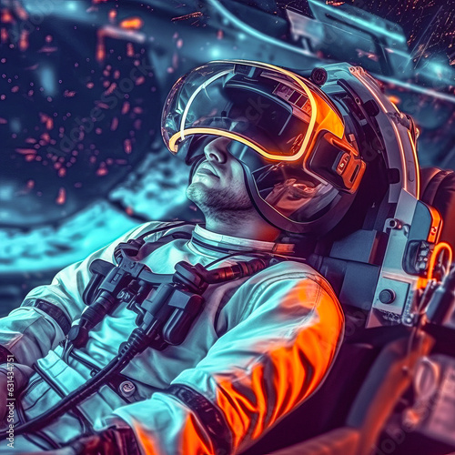 astronaut wearing a space suit and future virtual reality helmet technology