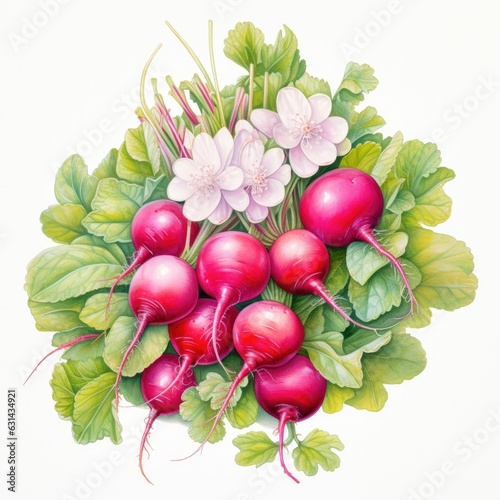 A pile of Radishes and their flowers and leaves. Generative AI