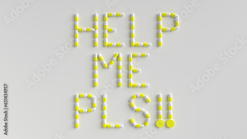 3d render of Yellow and white capsule pills arranged as the word 