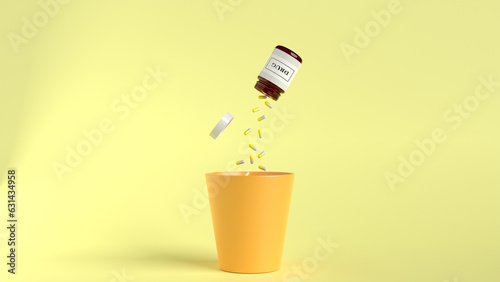 3d render of capsules are being dumped into the yellow bin. yellow. Good health concept. No need to rely on drugs.