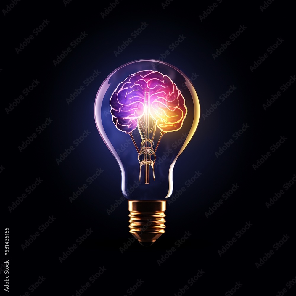 Brain light bulb. Mind tips and ideas. Neon colors. Generative AI Brain light bulb. Mind tips and ideas. Neon colors. Generative AI