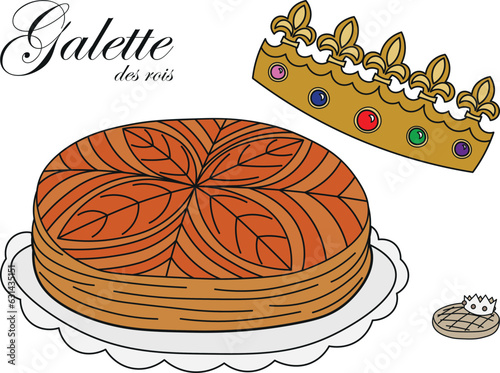 Galette des rois traditional french epiphany cake with crown and bean. Colorful vector illustration in black line hand drawn design. Coloring page for kids.