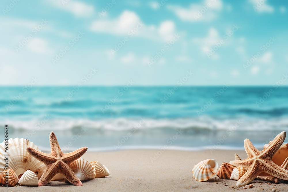 Summer background with seashells and starfish on a sandy beach Copy space AI Generative