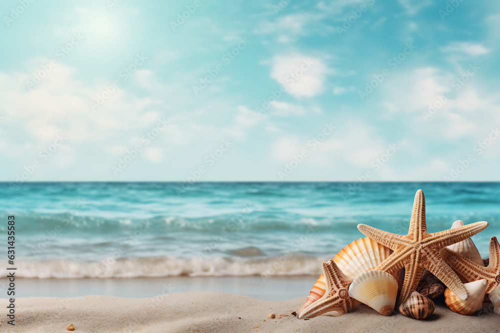 Summer background with seashells and starfish on a sandy beach Copy space AI Generative Summer background with seashells and starfish on a sandy beach Copy space AI Generative