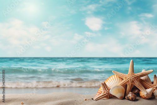 Summer background with seashells and starfish on a sandy beach Copy space AI Generative