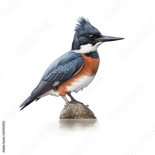 Belted kingfisher bird isolated on white. Generative AI