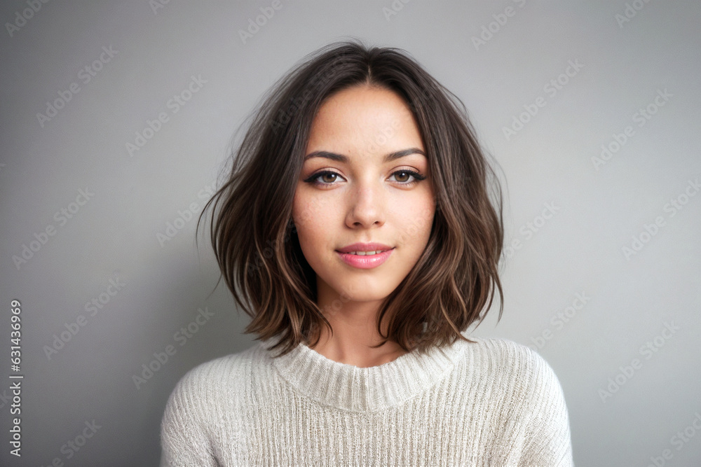 Beauty brunette woman bob hair in a white sweater on a gray background Beauty brunette woman bob hair in a white sweater on a gray background