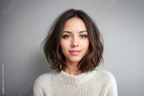 Beauty brunette woman bob hair in a white sweater on a gray background