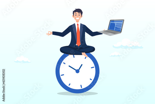 Young man working with laptop while doing yoga or meditation on clock face, flexible working hours, work life balance or focus and time management while working from home concept (Vector)