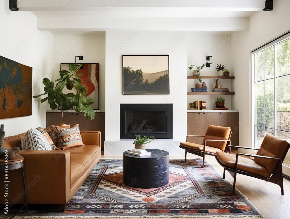 Mid-century style home interior design of modern living room. Brown